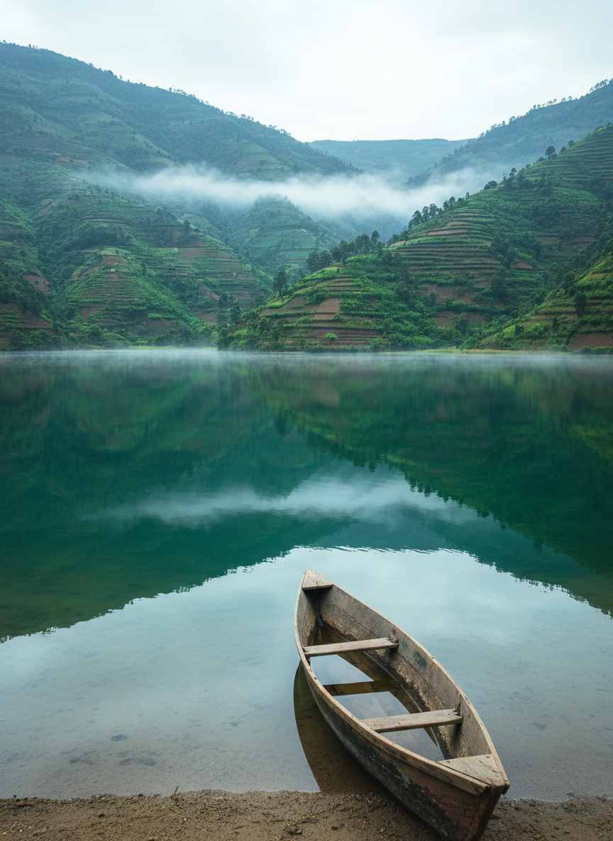 A crystal-clear mountain lake in Uganda with still, glassy water reflecting steep, lush green hills and terraced fields rising on both sides. In the foreground, a simple wooden canoe rests at the shore, its weathered texture and muted brown tones contrasting with the vibrant emerald vegetation. Wisps of morning fog hover just above the water’s surface, illuminated by cool, diffused overcast light that softens all edges. Photographic realism with a wide-angle, slightly low perspective from the shore, leading the viewer’s eye along the canoe into the distance. The atmosphere is peaceful, contemplative, and untouched, perfectly capturing the serene natural experiences of tailor-made tours in Uganda.