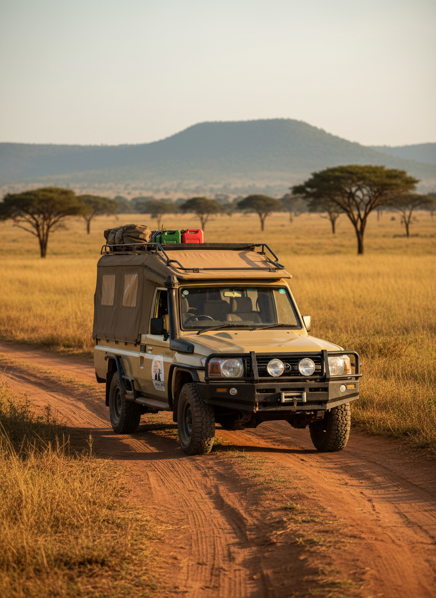 A sturdy safari 4x4 vehicle with a beige canvas roof and detailed Tualu Tours branding on the side, parked on a reddish-brown dirt track that winds through rolling savanna in Uganda. In the distance, acacia trees dot the golden grasslands and low blue-green hills line the horizon. Soft late-afternoon sunlight bathes the landscape in warm tones, casting long, gentle shadows from the vehicle’s rugged tires. Photographic realism with a slightly elevated eye-level composition, sharp focus on the vehicle and foreground textures, with a subtle background blur. The mood is adventurous yet professional, evoking custom, well-organized safaris focused on nature and culture.