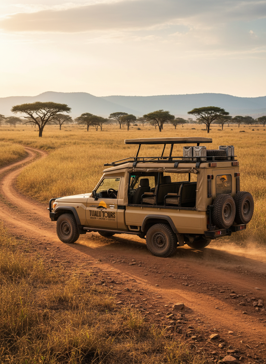 A sturdy safari 4x4 vehicle with a beige canvas roof and detailed Tualu Tours branding on the side, parked on a reddish-brown dirt track that winds through rolling savanna in Uganda. In the distance, acacia trees dot the golden grasslands and low blue-green hills line the horizon. Soft late-afternoon sunlight bathes the landscape in warm tones, casting long, gentle shadows from the vehicle’s rugged tires. Photographic realism with a slightly elevated eye-level composition, sharp focus on the vehicle and foreground textures, with a subtle background blur. The mood is adventurous yet professional, evoking custom, well-organized safaris focused on nature and culture.