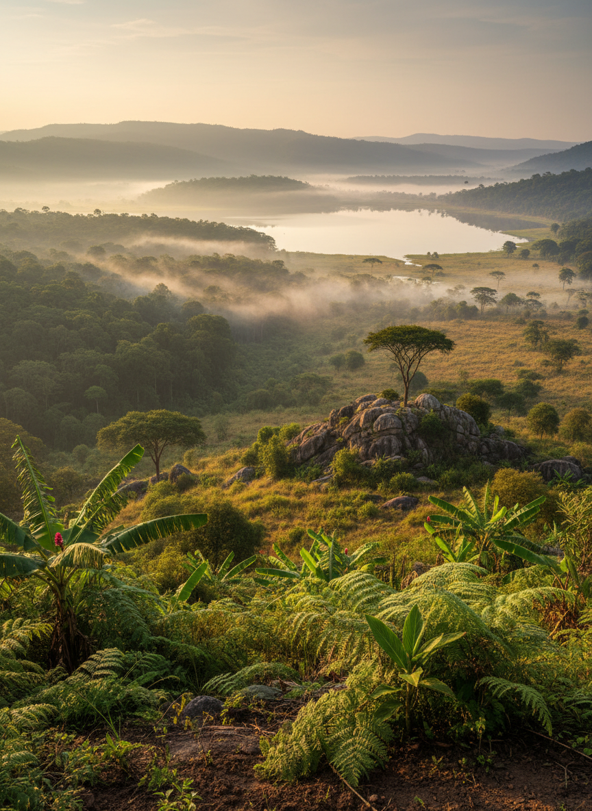 An expansive panoramic view of lush Ugandan landscape, with dense emerald-green rainforest transitioning into open savanna and a shimmering lake in the distance. The foreground shows detailed native plants, ferns, and rich, dark soil, while the middle ground features isolated rock formations and scattered trees. Soft morning mist lingers over the treetops, lit by gentle, diffused sunrise light that creates a serene golden glow. Photographic realism with a wide-angle, landscape orientation and strong depth, everything in crisp focus. The atmosphere is tranquil, pristine, and inviting, perfectly suited for a professional travel company highlighting the diversity of Uganda’s nature in tailor-made journeys.