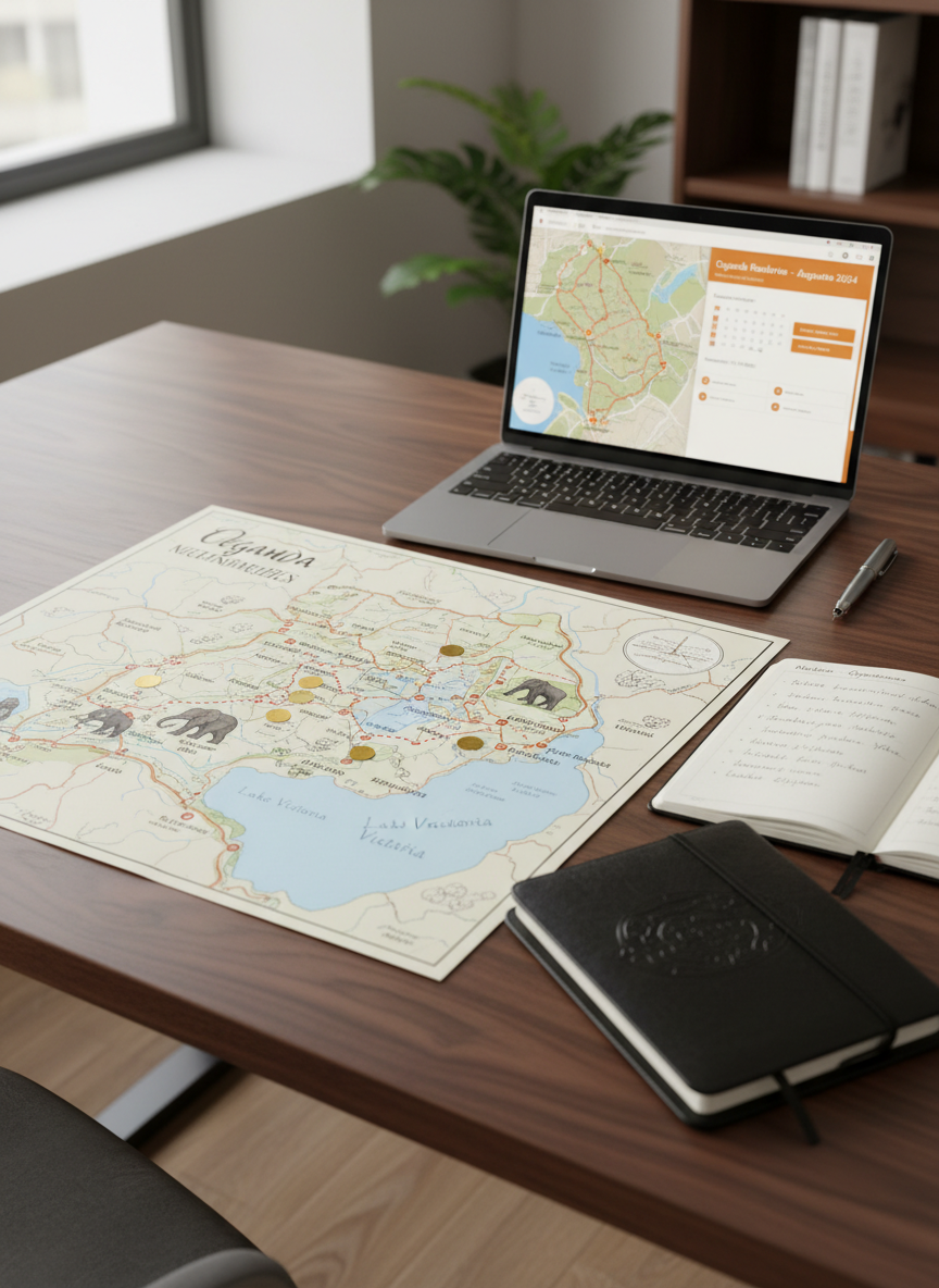A refined wooden desk in a minimalist office, displaying a detailed, unfolded itinerary map of Uganda with carefully marked national parks, cultural sites, and lakes. Beside it, a sleek silver laptop shows a professional travel-planning interface with routes and dates, and a black leather notebook lies open with neatly written notes. Soft natural daylight from a nearby window casts calm, even light across the smooth wood grain, with subtle shadows adding depth. Photographic realism with a slightly elevated angle and shallow depth of field, focusing on the map and laptop. The mood is organized, trustworthy, and bespoke, emphasizing custom-designed Oegandareizen with attention to detail and quality.