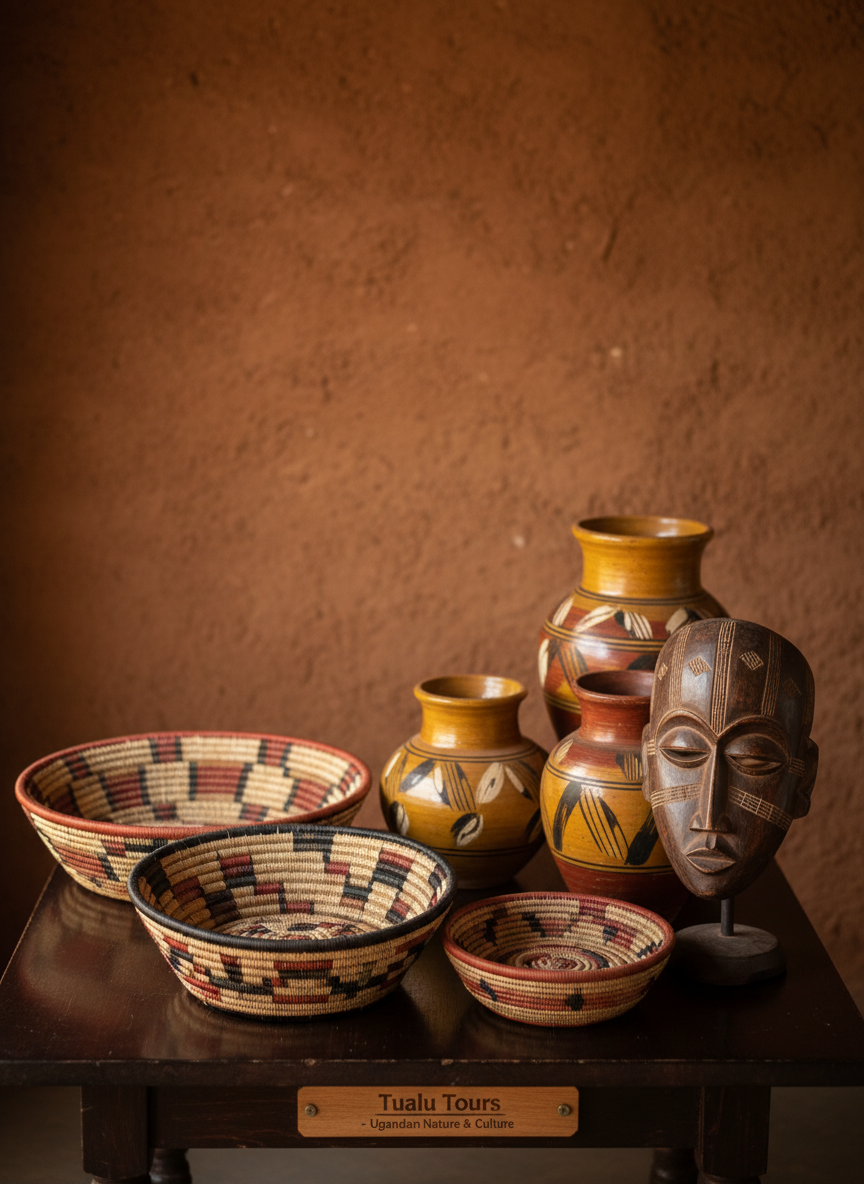 A still life composition of traditional Ugandan crafts arranged on a low, dark wooden table: intricately woven baskets with geometric patterns in earthy reds, blacks, and natural straw; a carved wooden mask with fine detailing; and hand-painted pottery in deep ochres and browns. Behind them, a textured clay wall in warm terracotta tones provides a subtle backdrop. Soft side lighting from an unseen window creates delicate highlights on the woven fibers and pottery glaze, casting gentle, elongated shadows. Photographic realism with an eye-level, centered composition and shallow depth of field that softly blurs the background. The mood is respectful, authentic, and cultured, reflecting Tualu Tours’ unique focus on Ugandan nature and culture without showing people.