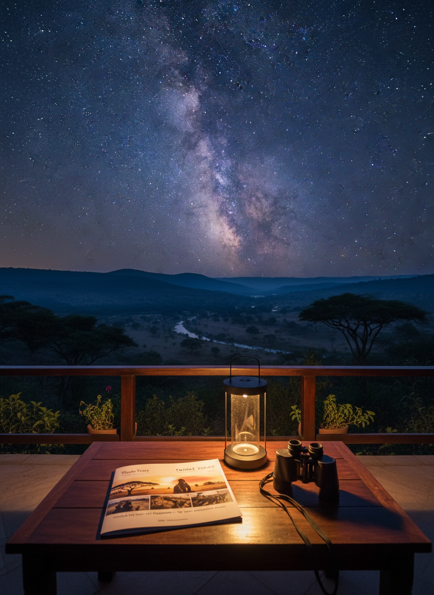 A nighttime scene of a comfortable safari lodge terrace overlooking a dimly lit Ugandan valley. The foreground shows a low, rectangular wooden table with a detailed, professionally printed Tualu Tours brochure, a lantern-style LED lamp, and a pair of binoculars resting beside it. Beyond the railing, the valley fades into deep blues and soft silhouettes of trees under a star-filled sky with the faint band of the Milky Way. Warm, focused light from the lamp creates a cozy pool of illumination on the table, contrasting with the cool ambient starlight. Photographic realism with a slightly elevated angle, balanced composition, and medium depth of field. The mood is intimate, exclusive, and quietly adventurous, ideal for communicating high-quality, custom Oegandareizen.